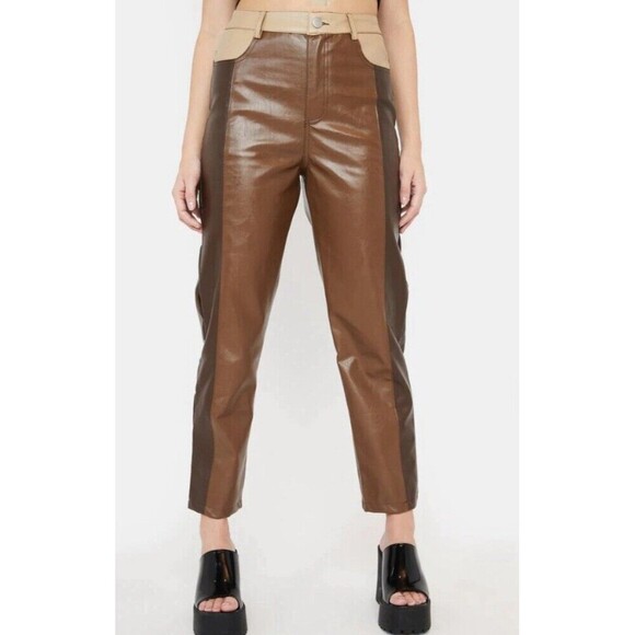 LE LIS Faux Leather Brown Color Block Pants Size Medium Crop Straight High Rise - Picture 1 of 16